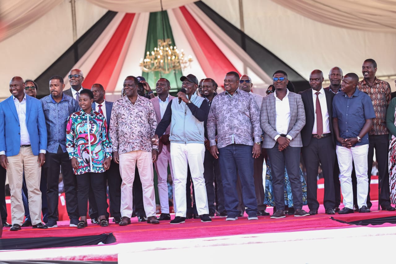 President William Ruto alongside other leaders during the launch of the second cohort of NYOTA Project Business support component for the North Rift region. 